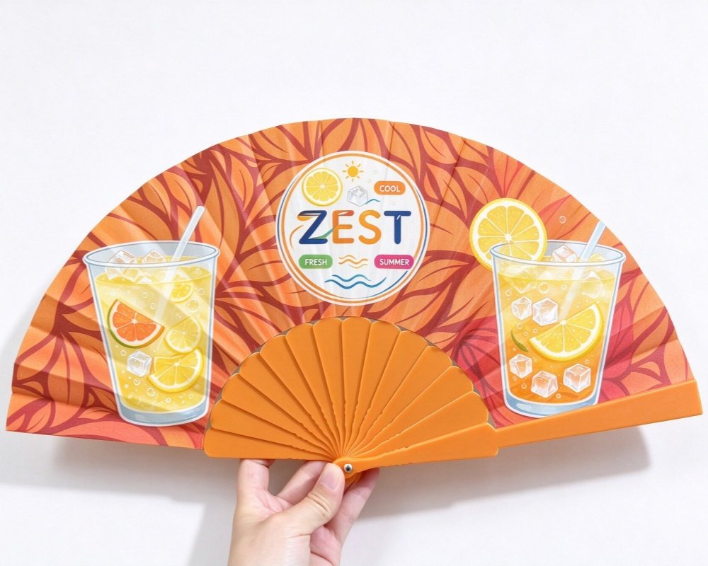 polyester folding hand fan with custom logo printing, promotional giveaway for summer events