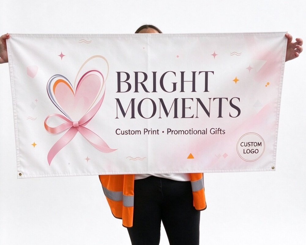 Person holding custom printed polyester advertising banner, full color logo print for events and promotions