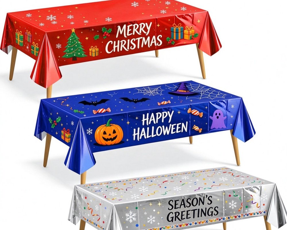 Red blue silver metallic disposable tablecloth with custom Christmas & Halloween print, plastic table cover for holiday party decorations