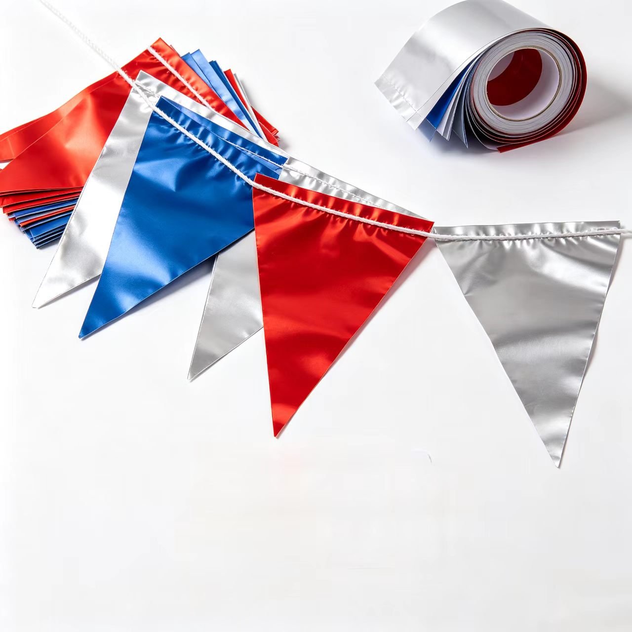 shiny metallic triangle pennant banner with custom logo print, bunting flag for patriotic holiday and party decorations