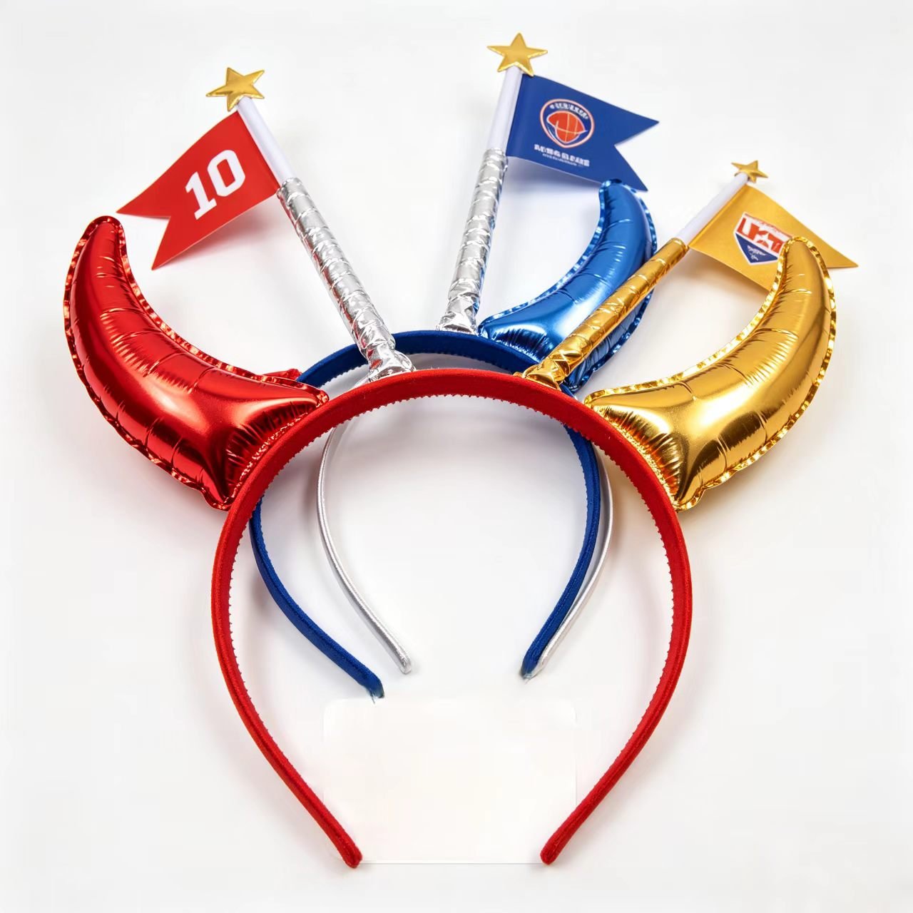 metallic foil party horn headbands with custom logo print, cheering hair hoop for sports events and birthday parties