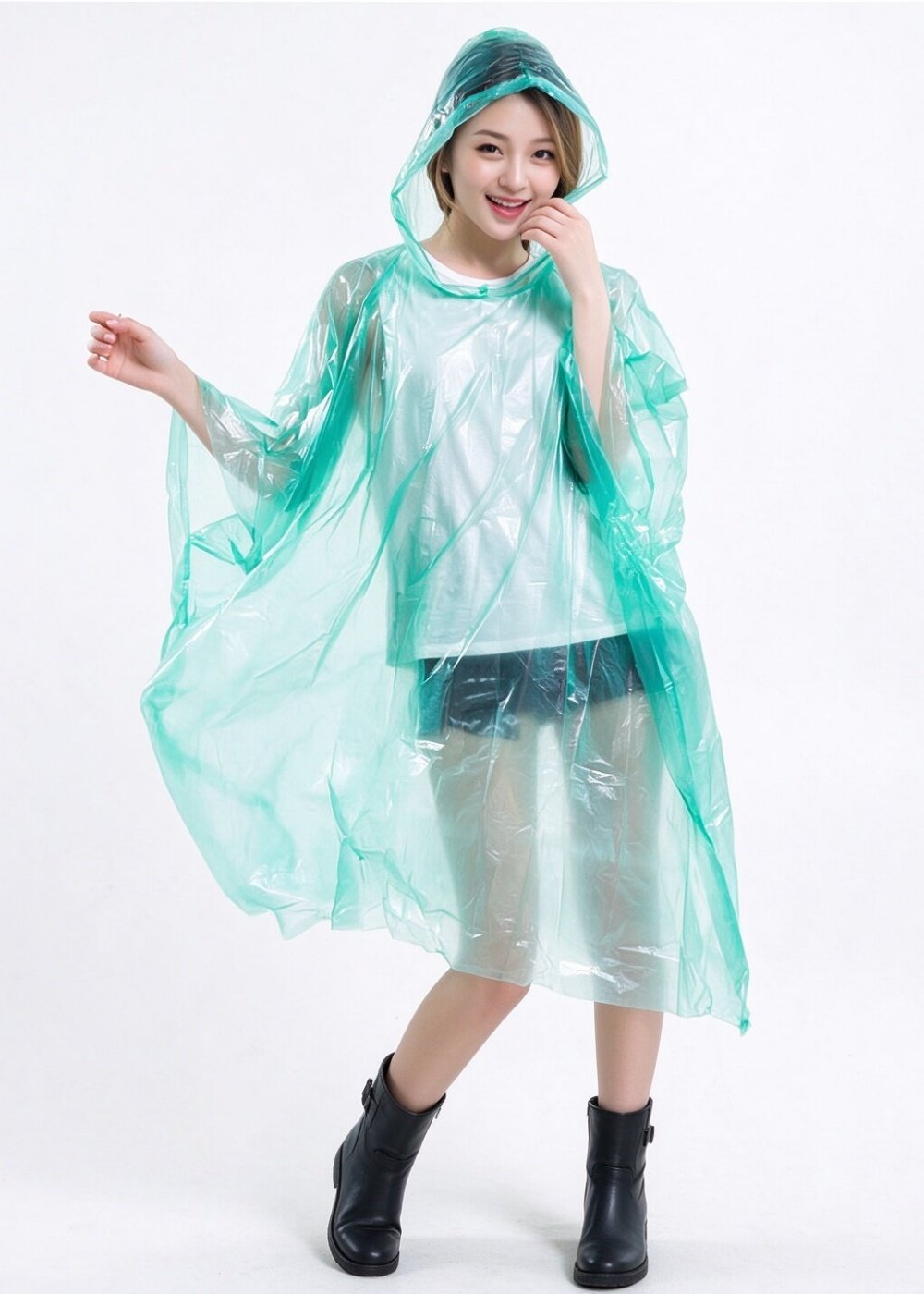 Portable disposable waterproof rain poncho, one size fit all, ideal for concert, hiking, travel and emergency use.